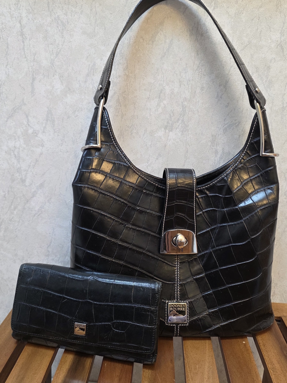 Dooney & Bourke Black Croc-Embossed Shoulder Bag with Matching Wallet